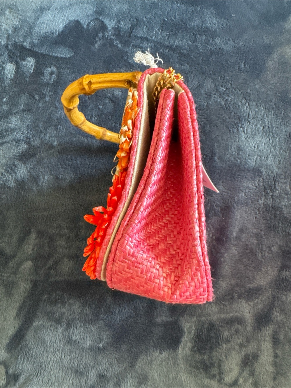 New Haute Hippie Straw Flowers Bamboo Handle Purse Shoulder Crossbody Chain NWT - Picture 7 of 16